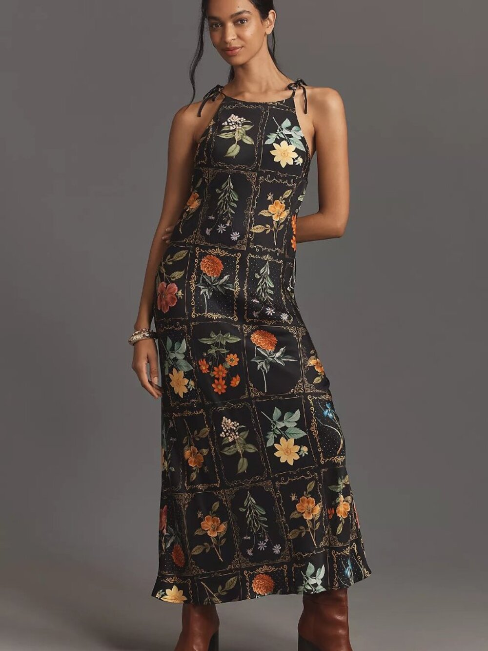 By Anthropologie Tie-Neck Column Midi Dress Black Flora Size Medium